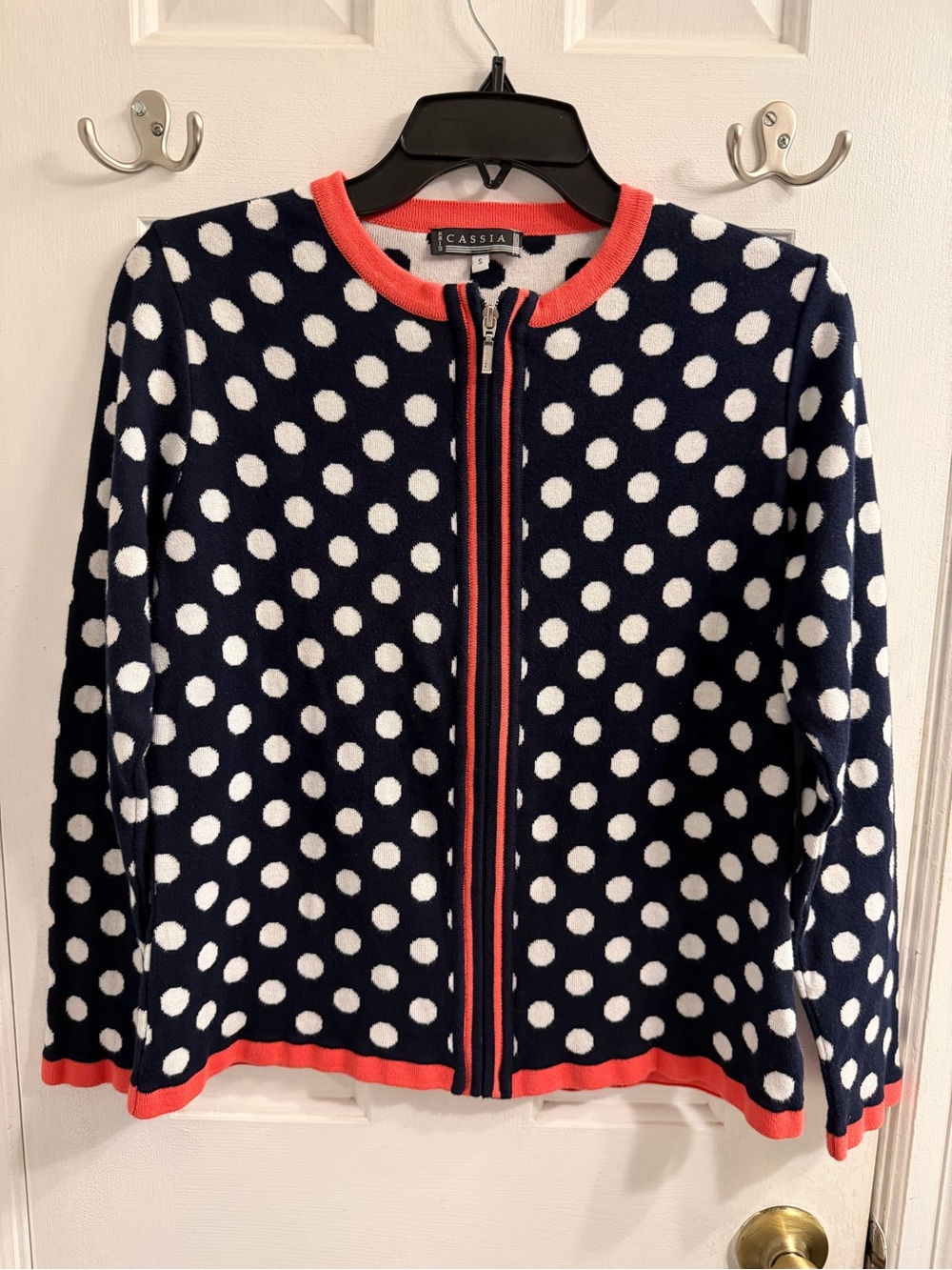 Cassina Navy and White Polka Dot Zip Jacket with Coral Trim
